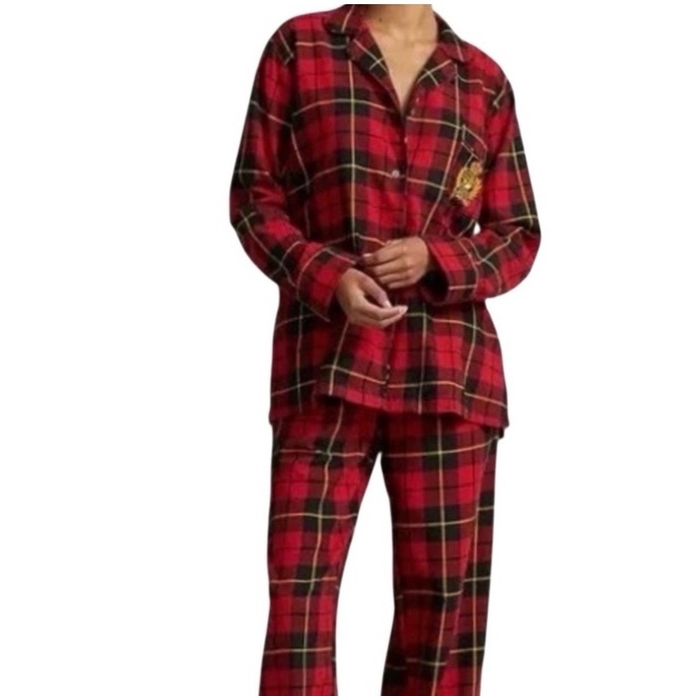 Lauren Ralph Lauren Womens Red Plaid Flannel Pajama Set Crest Logo Size M